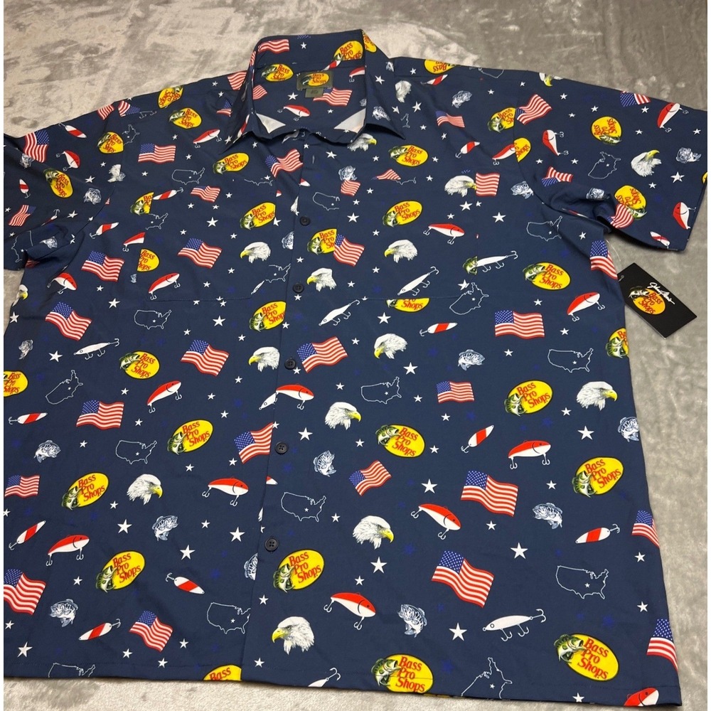 Bass Pro Shops Patriotic Fishing Shirt 2XL USA Flag Eagle July 4th Button Up NWT - Picture 2 of 10